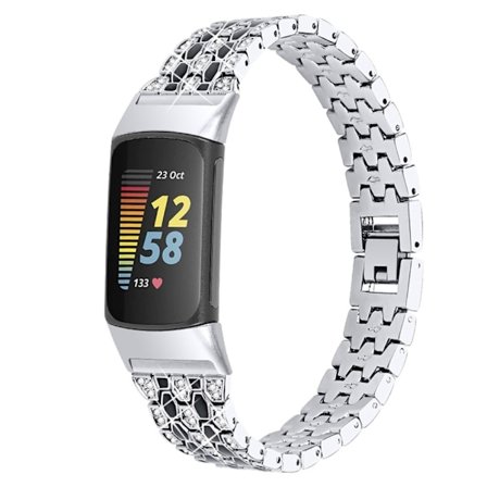 Fitbit Charge 5 klockarmband med tre rader strassstenar - Silver / Svart