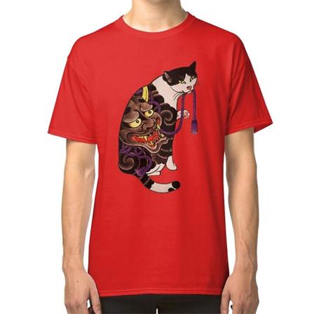 Antik japansk T-shirt med print katt med blomtatueringar red M
