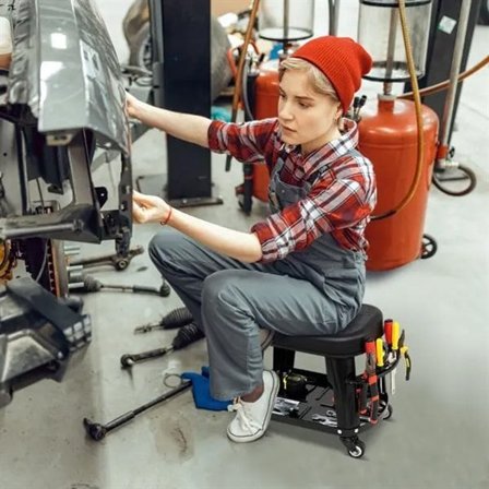 Verkstedkrakk med hjul og verktøyoppbevaring – mekanikerkrakk med avtakbart sete