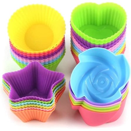 Silikone Cupcake Forme Genanvendelige Bageforme Non-stick Let Rengøring Kage Muffin Forme 4 Former Rund, Stjerner, Hjerte, Blomster, 24 Stykker 