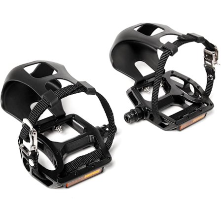 Sykkelpedaler med tåbur og stropper - Sykkel tåklipsbur kompatibelt med landeveissykkel/Peloton/terrengsykler/MTB - Tåklips pedal for brede sko In