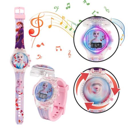Lasten watch Vilkkuva valo Hehkuva digitaaliset musiikkikellot Pyörivä watch cover Frozen