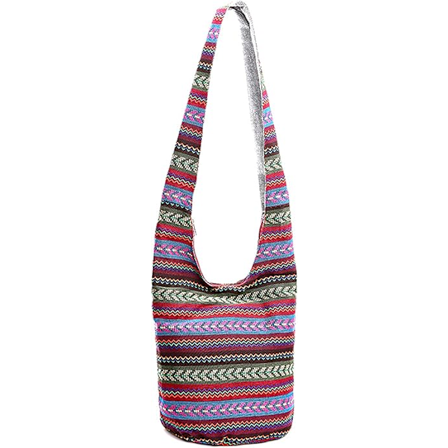 Skuldertaske til kvinder, damer, boheme lærred Thai håndlavet crossbody taske, etnisk stil, store håndtasker (Vinrød)