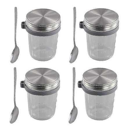 Mason Jar för Overnight Oats 4-pack 350ml Overnight Oats Burk med Skedar & Lufttäta Rostfria Lock Frukostburkar