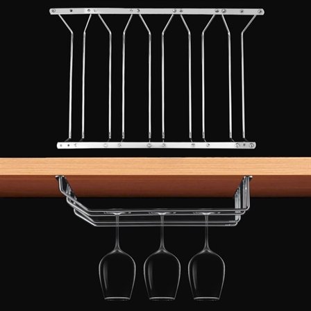 Glasupphängare / vinglashållare i rostfritt stål med 5 rader för hyllmontering