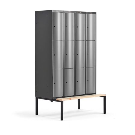 Clothes locker CURVE, bench, 4 x 3 doors, 2120x1200x550 mm, grey