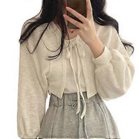 Dam Tunn Stickad Kofta med Knytdetalj Eleganta Lyktärmar Croppade Toppar Andningsbara Toppblusar Elegant Topp benvit One size