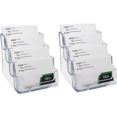 Set med 2 transparenta visitkortshållare med fyra fack/visitkortställ i akryl för skrivbord.
