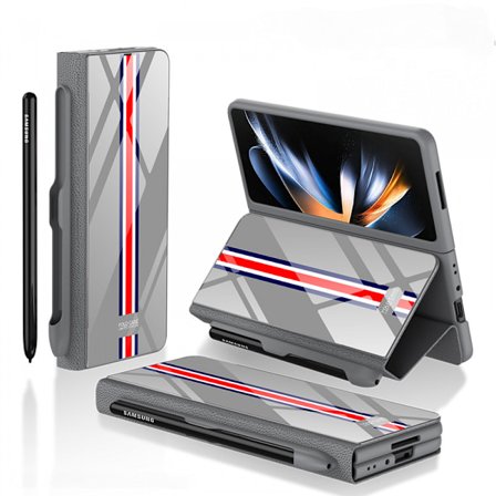 Samsung Galaxy Z Fold 4 -kotelo S-Pen-pidikkeellä, käännettävä lasipinnoite, kristallihybridi nahkainen suojakotelo, saranasuojalla