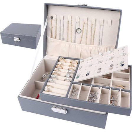 Kreativ smykkeskrin for kvinner jenter, dobbeltlags PU-skinn smykkeskrin oppbevaringsboks med flyttbar skillevegg for halskjede øredobber