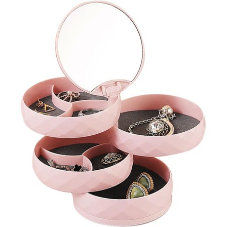 Smyckesorganisatör roterbar liten smyckeskrin örhängehållare för kvinnor, spegel smyckesförvaringslåda 4-lager