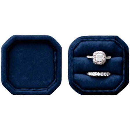 Fløjlsringæske, Fløjl Dobbelt Ringæske, Blødt Stof, Perfekt til Frieri, Forlovelse, Fødselsdag, Jul, Jubilæum (Navy-Octagon S