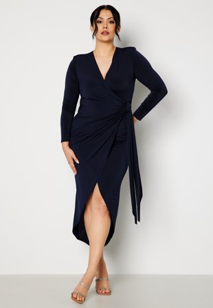 John Zack Curve Long Sleeve Wrap Maxi Dress Navy Klær