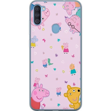 Kompatibelt Mobildeksel til Samsung Galaxy A11 Peppa Gris med en baby i armene, mamma gris motiv i fargerik og myk barneillustrasjon med hjerter