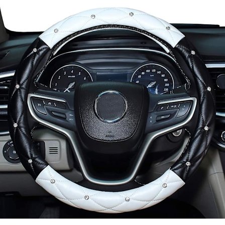 Diamant Kvinnors Rattmuff för Kvinnor, Läder Söt Universell 15 Tums Bilstödhjulskåpa med Diamant Kristall (Vit, Svart)