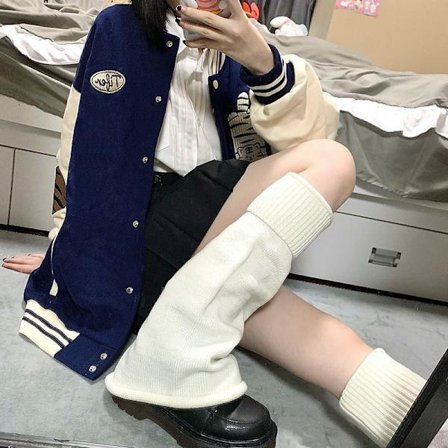 53CM; Hvide-Harajuku Strikkede Benvarmere til Kvinder, Vinterbeskyttelse, Varm Knæbeskytter, Japansk Stil, Y2K Sokker, Støvleovertræk