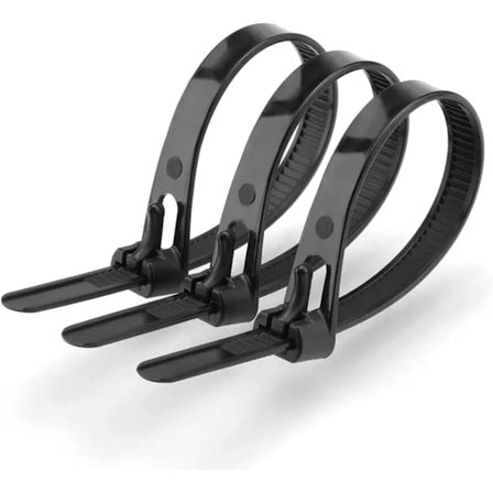 Paket med 100 återanvändbara buntband, 7,4 mm x 200 mm, UV-beständiga, svarta, avtagbara och återanvändbara