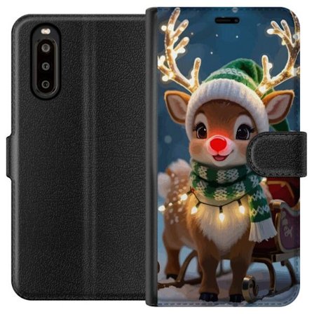 Yhteensopiva Lompakkokotelo Sony Xperia 10 II Jouluisesti koristeltu poro hehkuvin sarvin, punainen nenä ja neulottu vihreä pipo seisoo kelkan edess