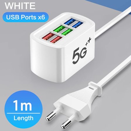 Snabb USB-laddare 6-i-1 Strömlist Laddningsstation Snabbladdning 1m Kabel USB HUB Adapteruttag för iPhone 16 Hem