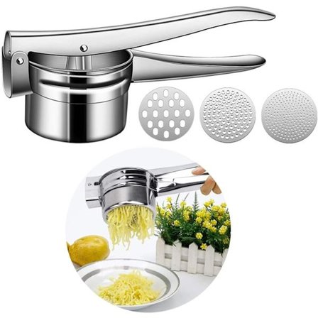 Potetpresse og potetmoser i rustfritt stål, stor kapasitet på 420 ml med 3 utskiftbare plater for poteter, frukt, grønnsaker og babymat