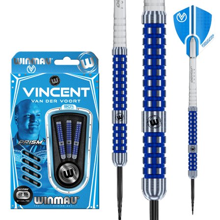 Winmau Vincent Van Der Voort Steel Tip Darts 23g/25g Blue/Silver Tungsten Professional Darts - 90% Tungsten, Prism Force
