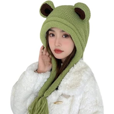 Vinterstrikket kvinnelue froskelue søt dyrehodeskallelue tykk varm lue 56-58cm