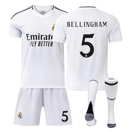 Real Madrid Hjemme Bellingham nr. 5 Trøje, Børn, Voksen Fodbold Træning Dragt, Top + Bukser + Strømper 16 WHITE