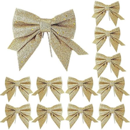 12 stk. Glitter Julebuer, Sølvbuer til Juletræ, Kransebuer Julebuedekorationer, Paillet Sløjfer Julebuer til Jul, Guld