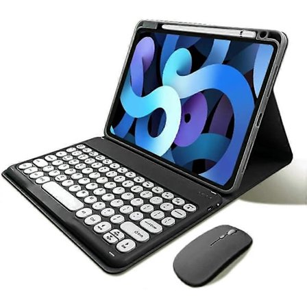 iPad 10. generasjon 2022 Tastaturdeksel med Mus Søte Runde Taster Avtakbart Bluetooth-tastatur Slankt Smart Deksel med Blyantholder (Svart)