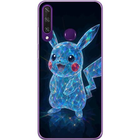 Kompatibel Mobilcover til Huawei Huawei Y6p Gnistrerende krystalfigur i blåt med holografiske refleksioner, sød karakter som skinner mod en mørk ba