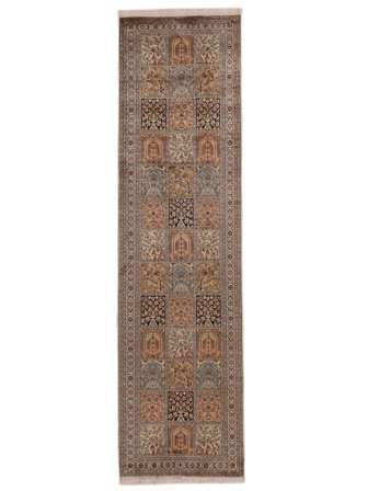 Kashmir Pure Silk Rug Hand Knotted 82X302 Runner Brown/Black India