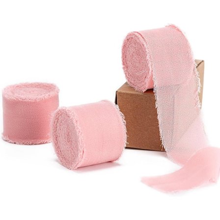 Puderrosa Chiffongband - 3,8 cm x 13,7 meter (3 rullar) Fransad kant Sidenband för bröllopsinbjudningar, brudbuketter, DIY-hantverk &