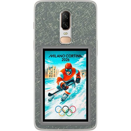 Yhteensopiva Puhelinkuori OnePlus 6 Curlingkuvitus pelaajilla ja kivillä jäällä, Milano Cortina 2026, lumisia roiskeita ja olympiasormukset