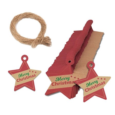 100 st Hängande Taggar med Packtråd Julmönster Dekorationer God Jul Presenttaggar (H)