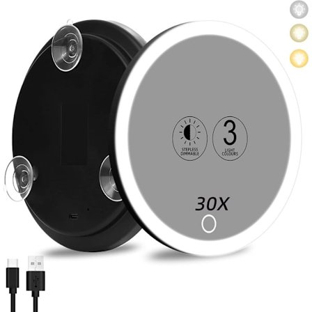 30x Förstoringsspegel med Ljus, Stor 10cm 3 Färger Spegel med 30x Dimbar Belysning med 3 Sugkoppar, 30x Förstoring