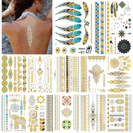 Metalliske tatoveringsklistremerker, 12 ark, 150+ mønstre midlertidige metalliske tatoveringsklistremerker