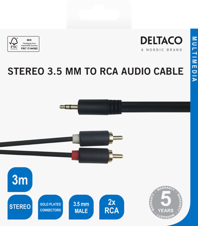 Deltaco Audio cable, 3.5mm male - 2xRCA male 3m, black