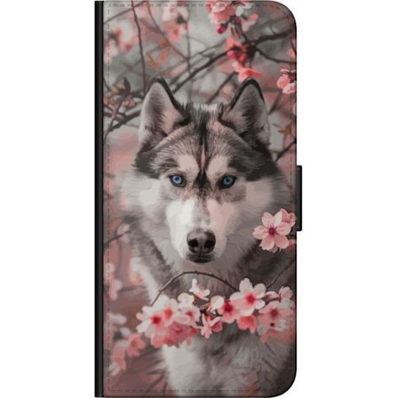 Yhteensopiva Lompakkokotelo Samsung Galaxy Note 10 Lite Husky sinisillä silmillä ympäröitynä vaaleanpunaisilla kirsikkapuun kukilla - elegantti, kauni
