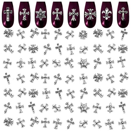 100 st Silver Cross Nagelcharms för Nageldesign - Nagelcharms Y2K Nagel Cross Charms för Naglar Nagelstenar Silver Nagel Cha