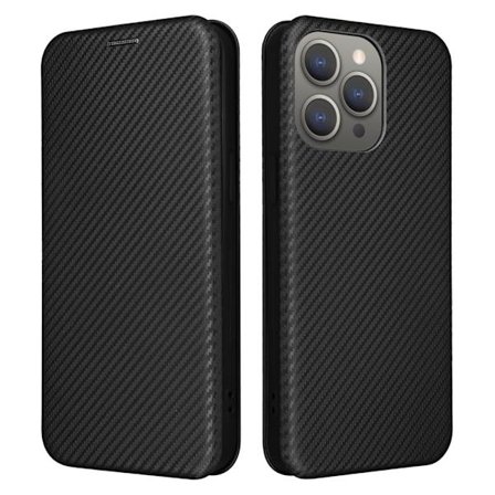 SKALO iPhone 16 Pro Max Carbon Fiber Lompakkokotelo - Musta