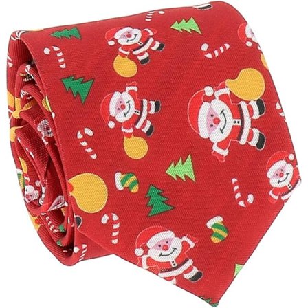 Rødt Jacquard Jule-slips - Slips med Julenissen og Juletre - Julaftenslips