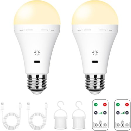Oppladbare LED-lamper - 7W E27 med fjernkontroll og berøringsdimmer | Nødlys for camping (varmhvit) 2-pakning [JSR]