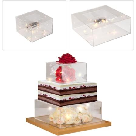 Läpinäkyvä neliömäinen akryylikakkujalusta kannella, Cupcake-kerrostelineen näyttölaatikko, Koristeellinen kakkuteline jalustalla kakulle ja 