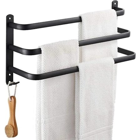 Pyälleteline, pyyhekoukku, ruostumaton teräs, seinään asennettava, 3 tasoa, pyyheteline kylpyhuoneeseen/keittiöön (musta, 50 cm)