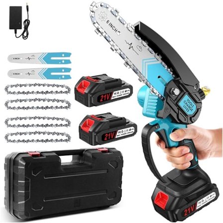 RisingFF Akkusaha, 6 tuuman johdoton mini-sähkösaha öljysäiliöllä, 4 ketjua, 2 terää