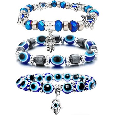 3 st Evil Eye Armband Chakra Kristall Armband Set, Evil Eye Hamsa Blå Pärlor Charm Stretch Armband för Skydd och Välsignelse