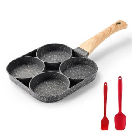 Non stick morgenmad burger æg pandekagemaskine træ håndtag medicinsk sten fire hul omelet pande