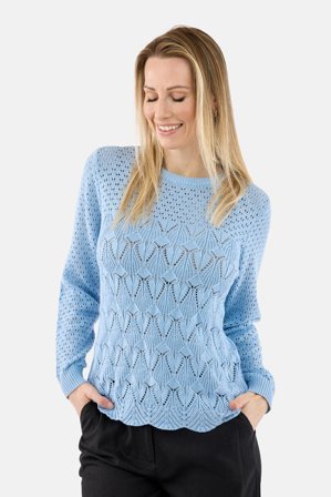 SIGNATURE - Strik med lange ærmer – Blå – Hulmønster