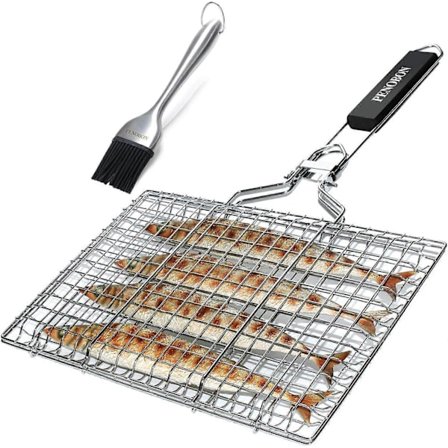 penobon Grillkurv til Grill, Foldbar i Rustfrit Stål, til Tilberedning af Fisk, Grøntsager eller Rejer, med Aftageligt Håndtag, Penslingssvamp.