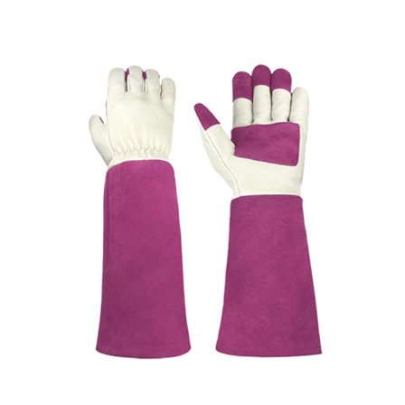 Et par rosenrøde lange havehandsker til kvinder og mænd